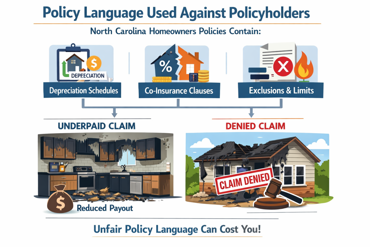 Fire Damage Claim Adjuster Cary NC Infographic — Policy Language Is Used Against Policyholders. North Carolina homeowners policies contain depreciation schedules, co-insurance clauses, and exclusions that carr.
