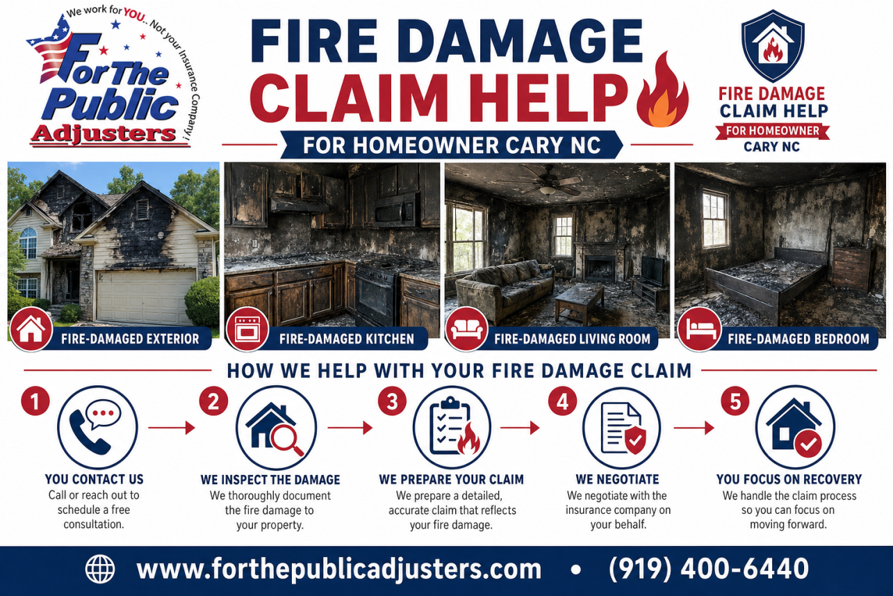 Fire Damage Claim Help For Homeowner Cary NC Infographic — After a house fire in Cary, your insurance company sends its own adjuster to estimate the damage. That person works for the insurer, and the estimate often refl.