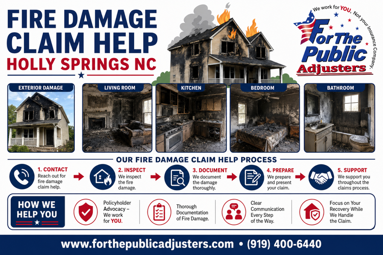 Fire Damage Claim Help Holly Springs NC Infographic — A public adjuster is the policyholder's own claims professional. Your insurance company sends its adjuster to evaluate your fire loss, and that person works for.