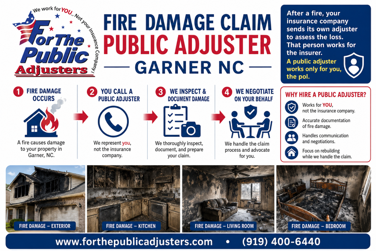 Fire Damage Claim Public Adjuster Garner NC Infographic — After a fire, your insurance company sends its own adjuster to assess the loss. That person works for the insurer. A public adjuster works only for you, the pol.