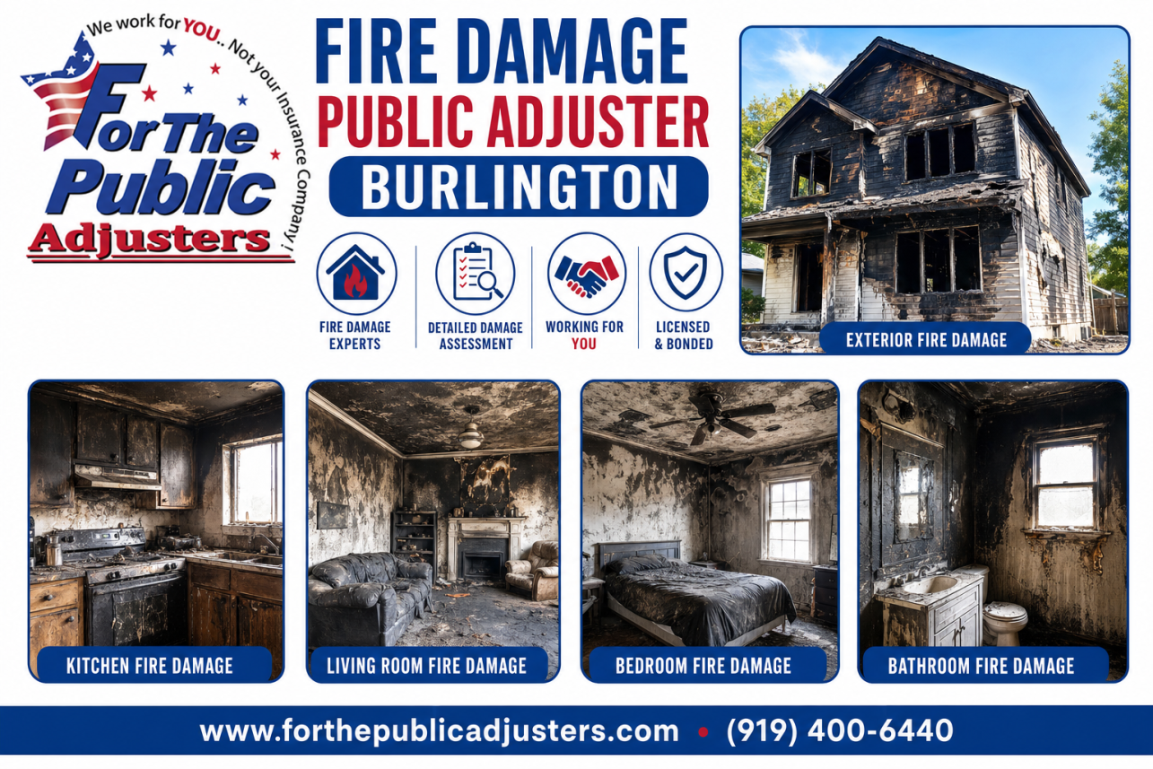 Fire Damage Public Adjuster Burlington, NC Infographic — After a fire, your insurance company sends its own adjuster to estimate the damage. That person is paid by the insurer, and their estimate often reflects it — m.