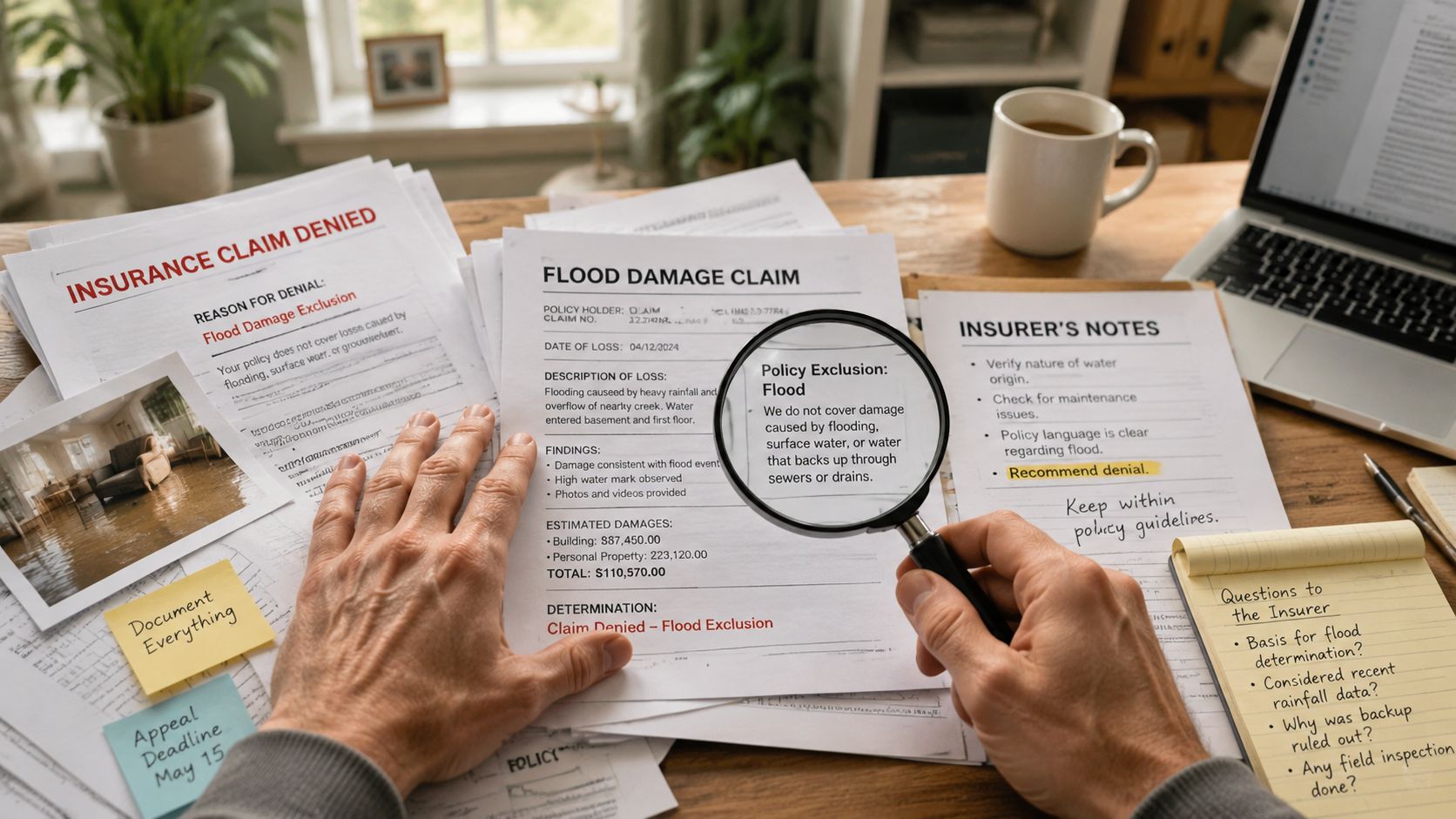 A person reviewing an insurance claim document for flood damage while holding a magnifying glass over it.