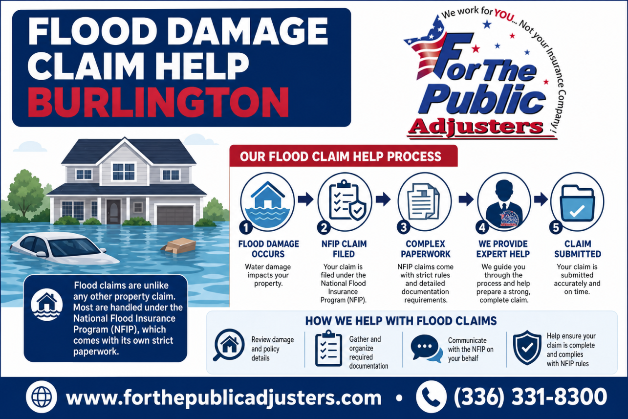 Flood Damage Claim Help Burlington, NC Infographic — Flood claims are unlike any other property claim. Most are handled under the National Flood Insurance Program (NFIP), which comes with its own strict paperwork,.