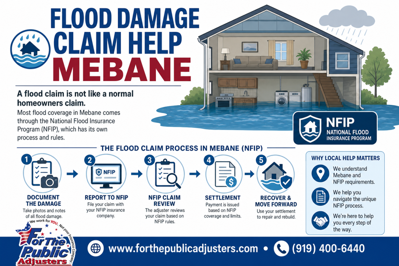 Flood Damage Claim Help Mebane, NC Infographic — A flood claim is not like a normal homeowners claim. Most flood coverage in Mebane comes through the National Flood Insurance Program (NFIP), which has its own.