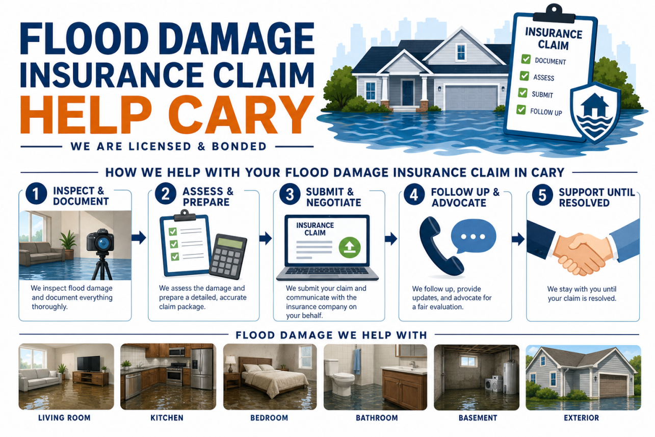 Flood Damage Insurance Claim Help Cary Infographic — A public adjuster is a licensed professional who manages your property insurance claim on your behalf. When floodwater gets into your home — whether from a swol.