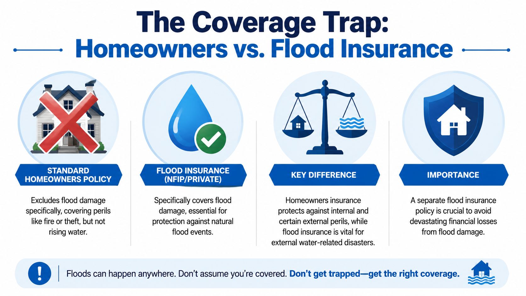 An infographic illustrating the difference between standard homeowner insurance policies and specialized flood insurance coverage for homeowners.