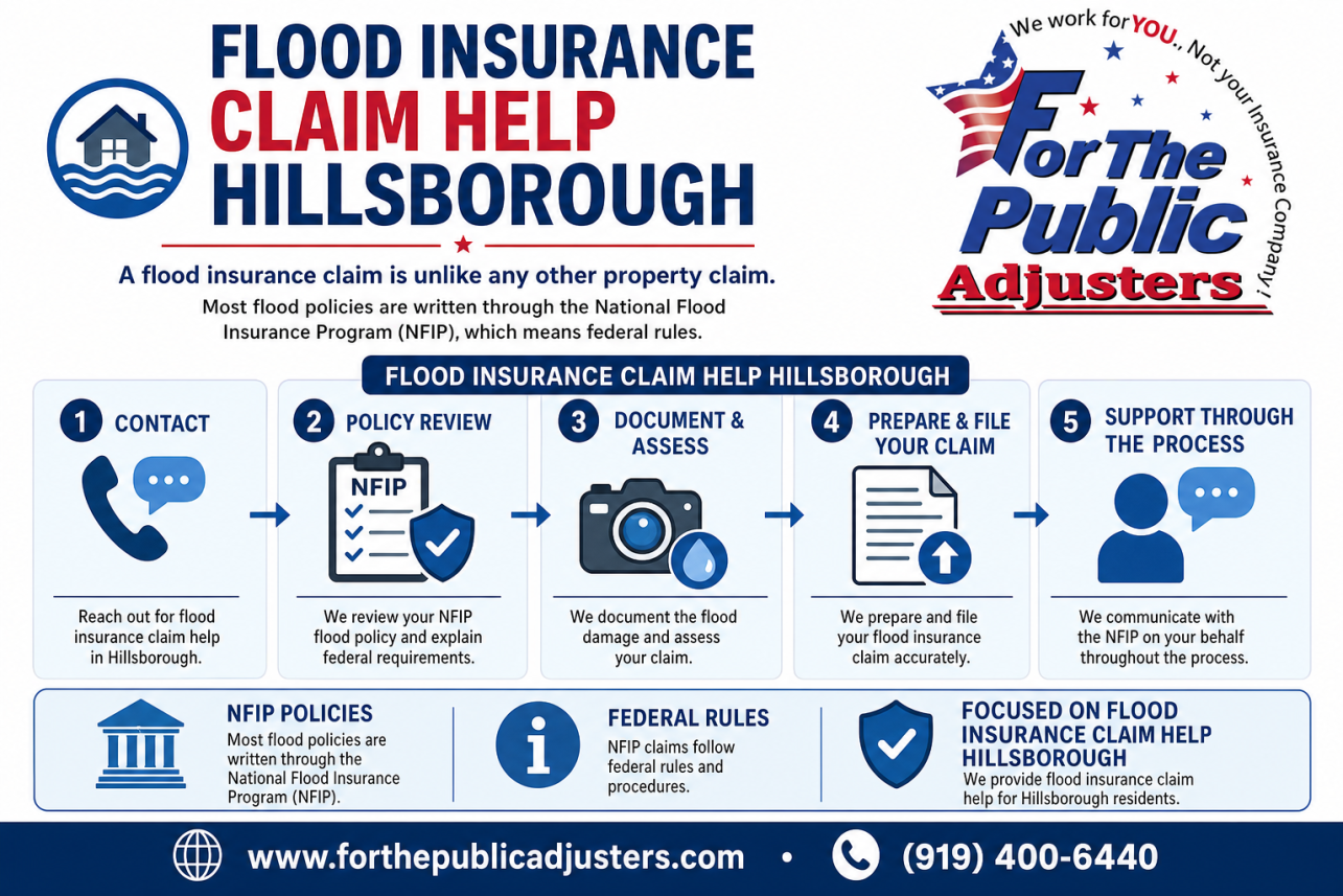 Flood Insurance Claim Help Hillsborough Infographic — A flood claim is unlike any other property claim. Most flood policies are written through the National Flood Insurance Program (NFIP), which means federal rules.