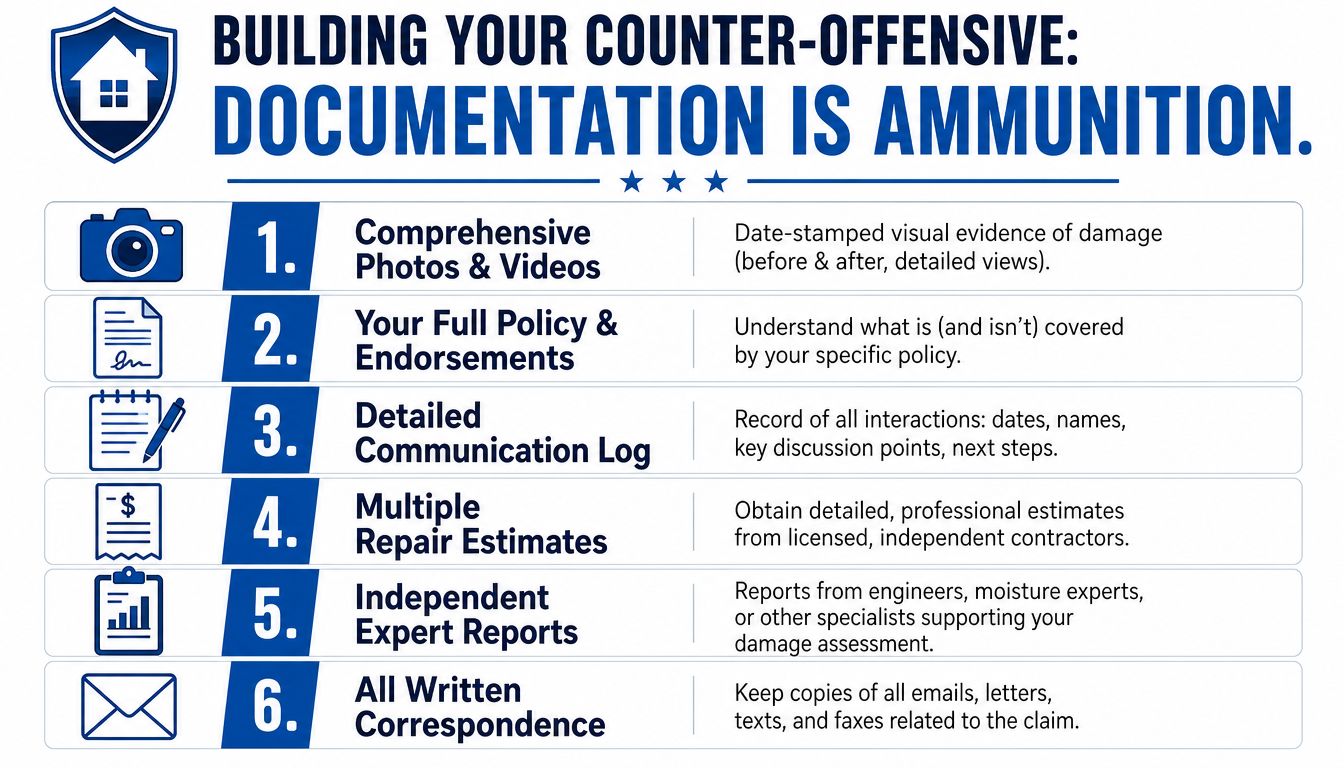 An infographic titled Building Your Counter-Offensive: Documentation Is Ammunition listing six essential steps for managing home insurance claims.