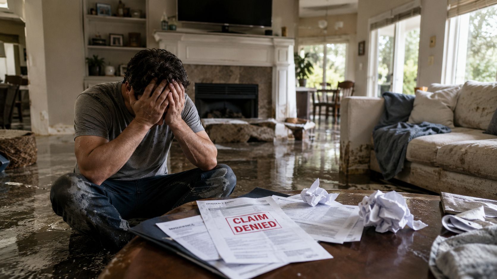 A distressed man sits on the floor of his flooded home looking at a denied insurance claim document.