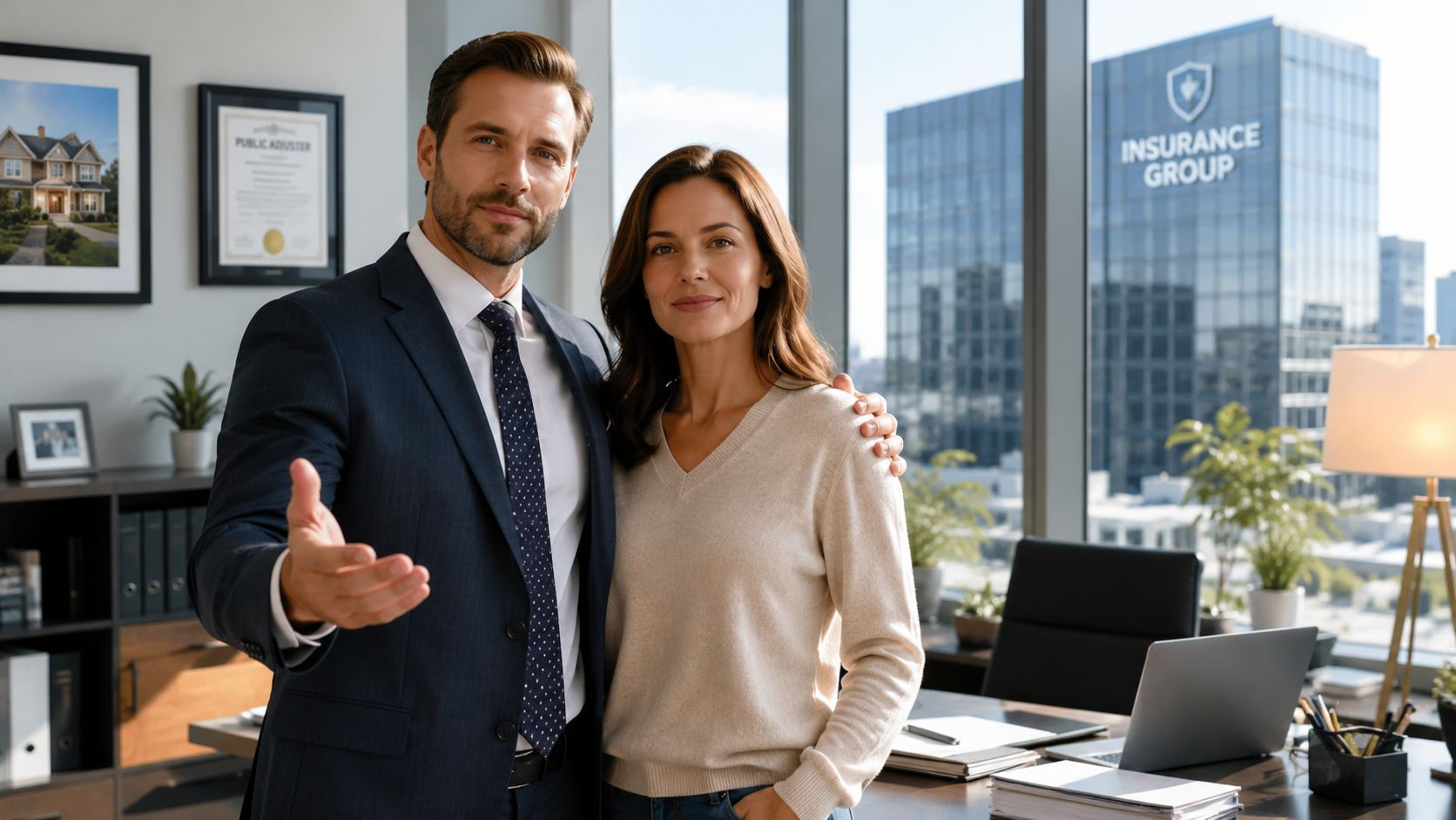 A professional insurance adjuster and a client smiling together in a modern office with city views.