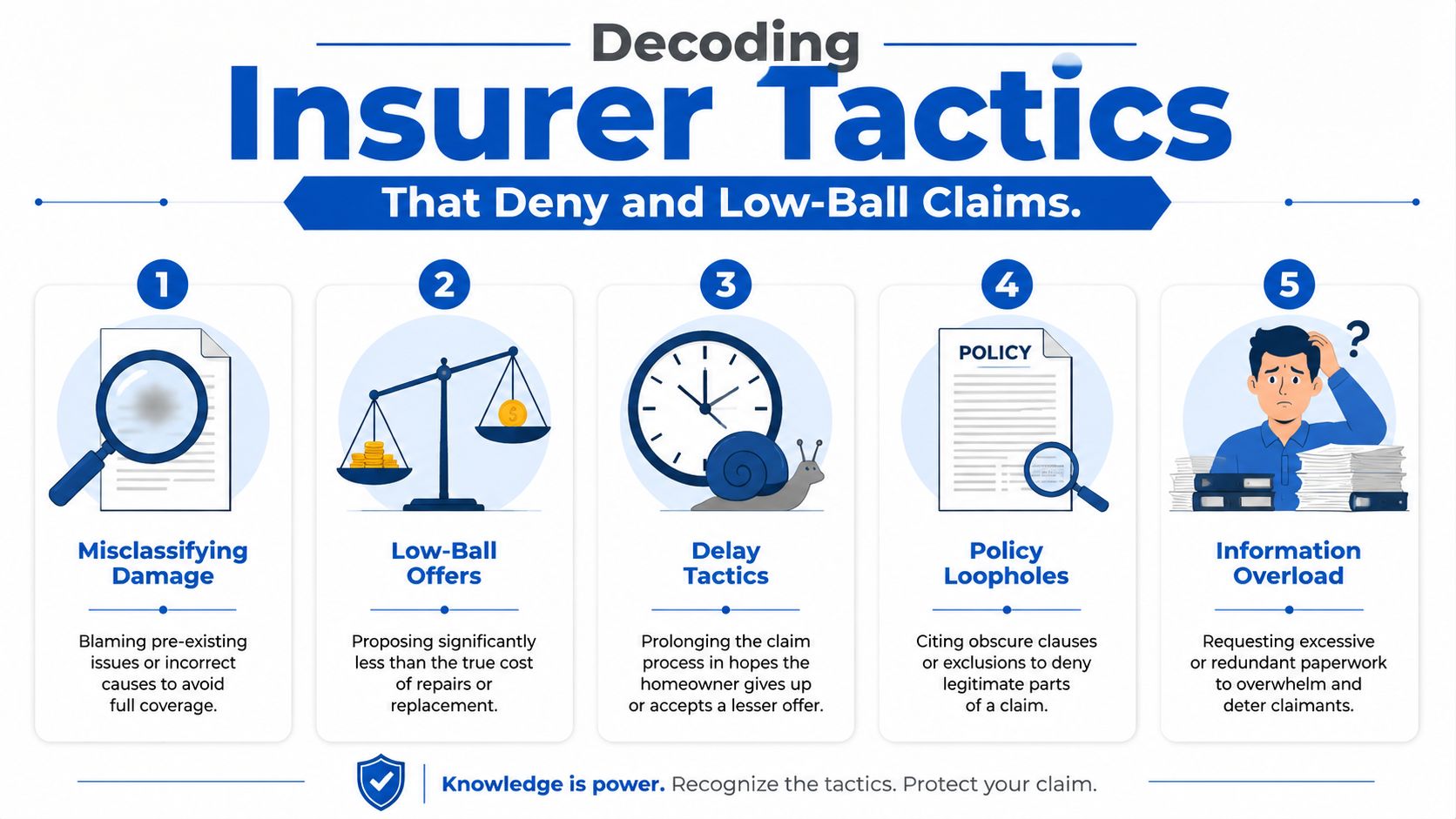 An infographic detailing five common tactics insurance companies use to deny or underpay home insurance claims.