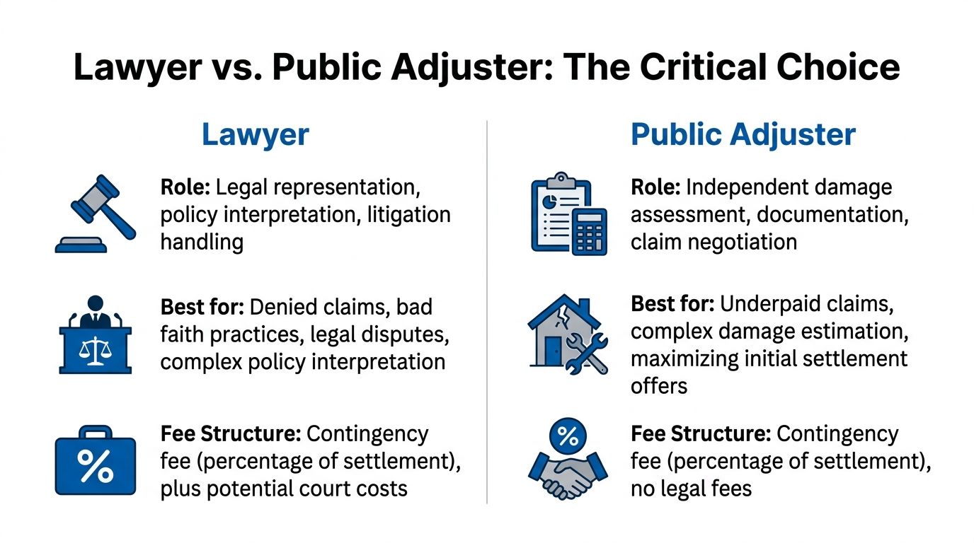 A comparison chart outlining the differences between a lawyer and a public adjuster for insurance claims.