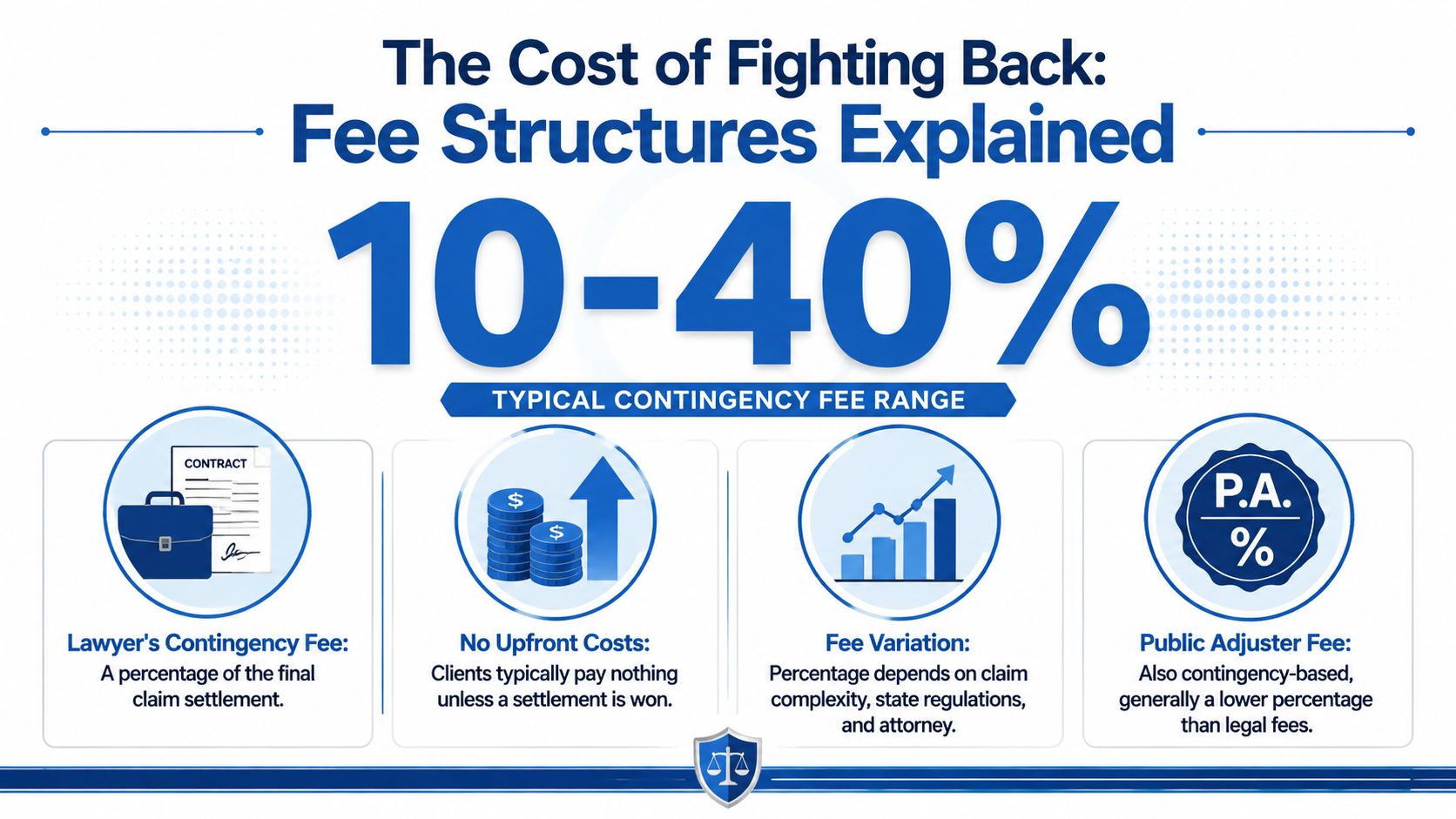 An infographic titled The Cost of Fighting Back explaining contingency fee structures ranging from 10 to 40 percent.