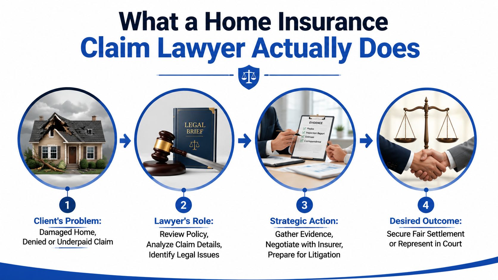 A flowchart infographic explaining the four steps a home insurance claim lawyer takes for their clients.