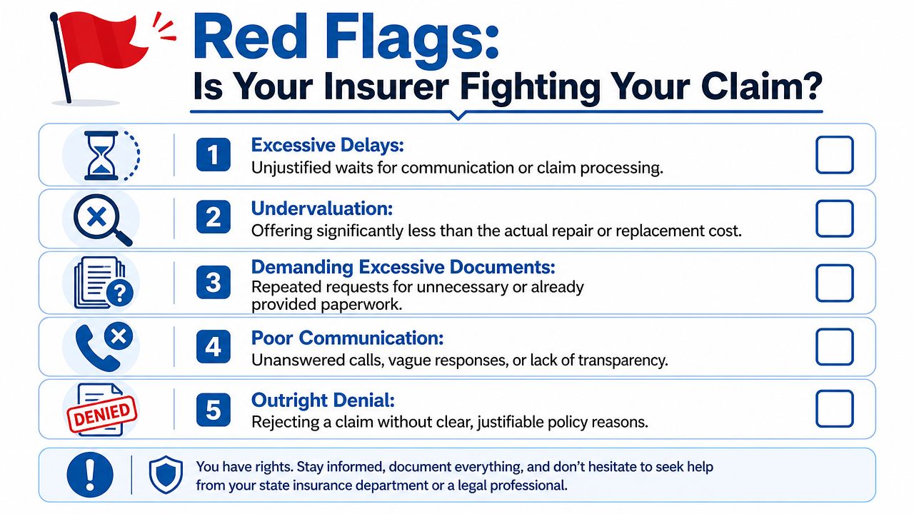 An infographic titled Red Flags: Is Your Insurer Fighting Your Claim? listing five common insurance claim issues.