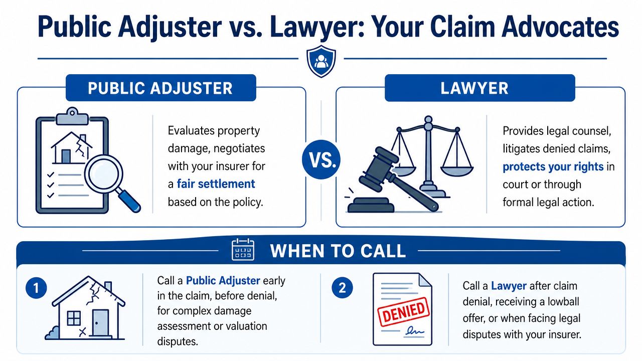 An infographic comparing the roles of a public adjuster and a lawyer in managing insurance claims.