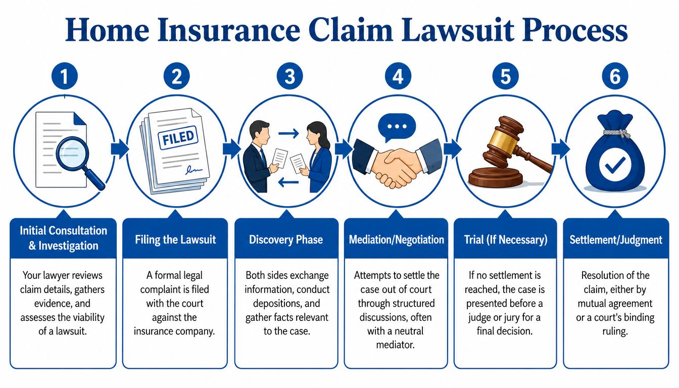 A flowchart infographic outlining the six-step legal process for pursuing a home insurance claim lawsuit.