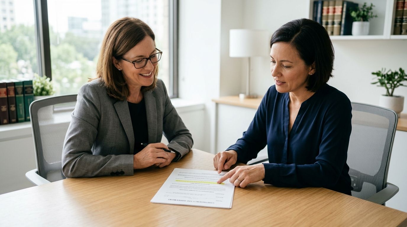 A female lawyer and a client reviewing and discussing a legal document in a professional office.