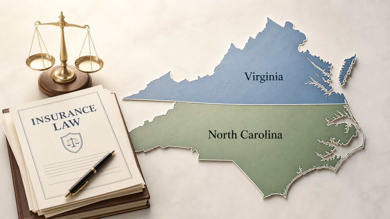 Legal documents regarding insurance law with a balance scale and a map of Virginia and North Carolina.