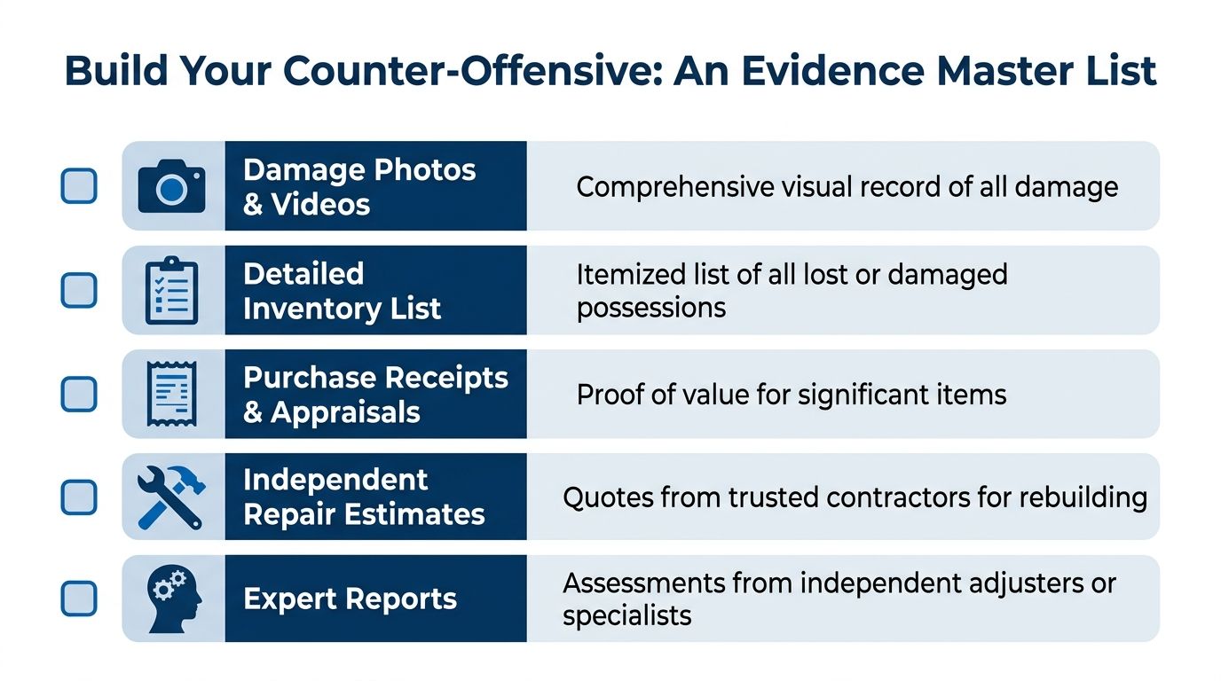 A checklist titled Build Your Counter-Offensive: An Evidence Master List featuring essential documentation for insurance claim disputes.