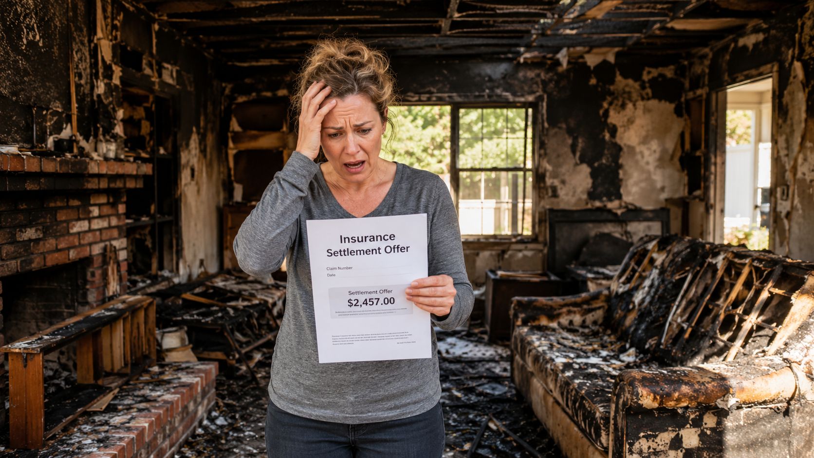 A distressed woman holding a low insurance settlement document inside her home destroyed by a fire.