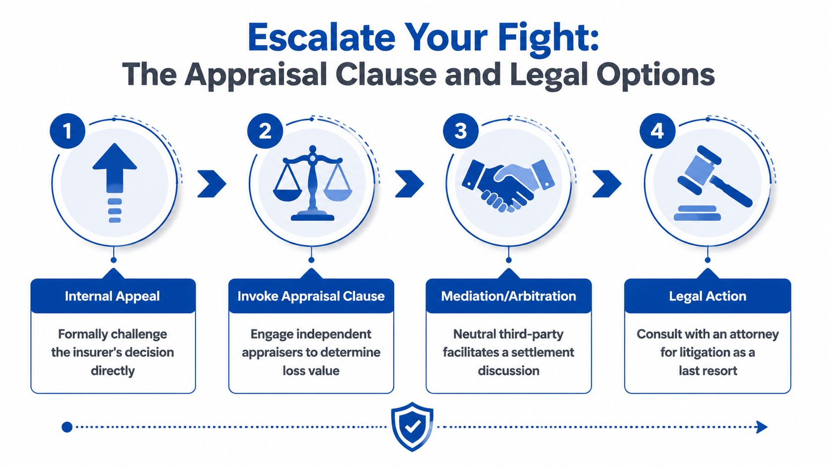 An infographic showing four sequential steps for homeowners to resolve insurance claim disputes through legal escalation methods.