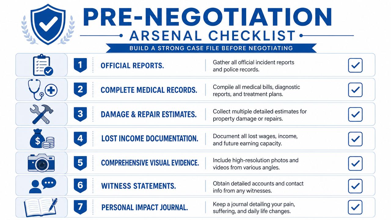 A checklist for legal case preparation, featuring seven essential categories to document before negotiating a settlement.