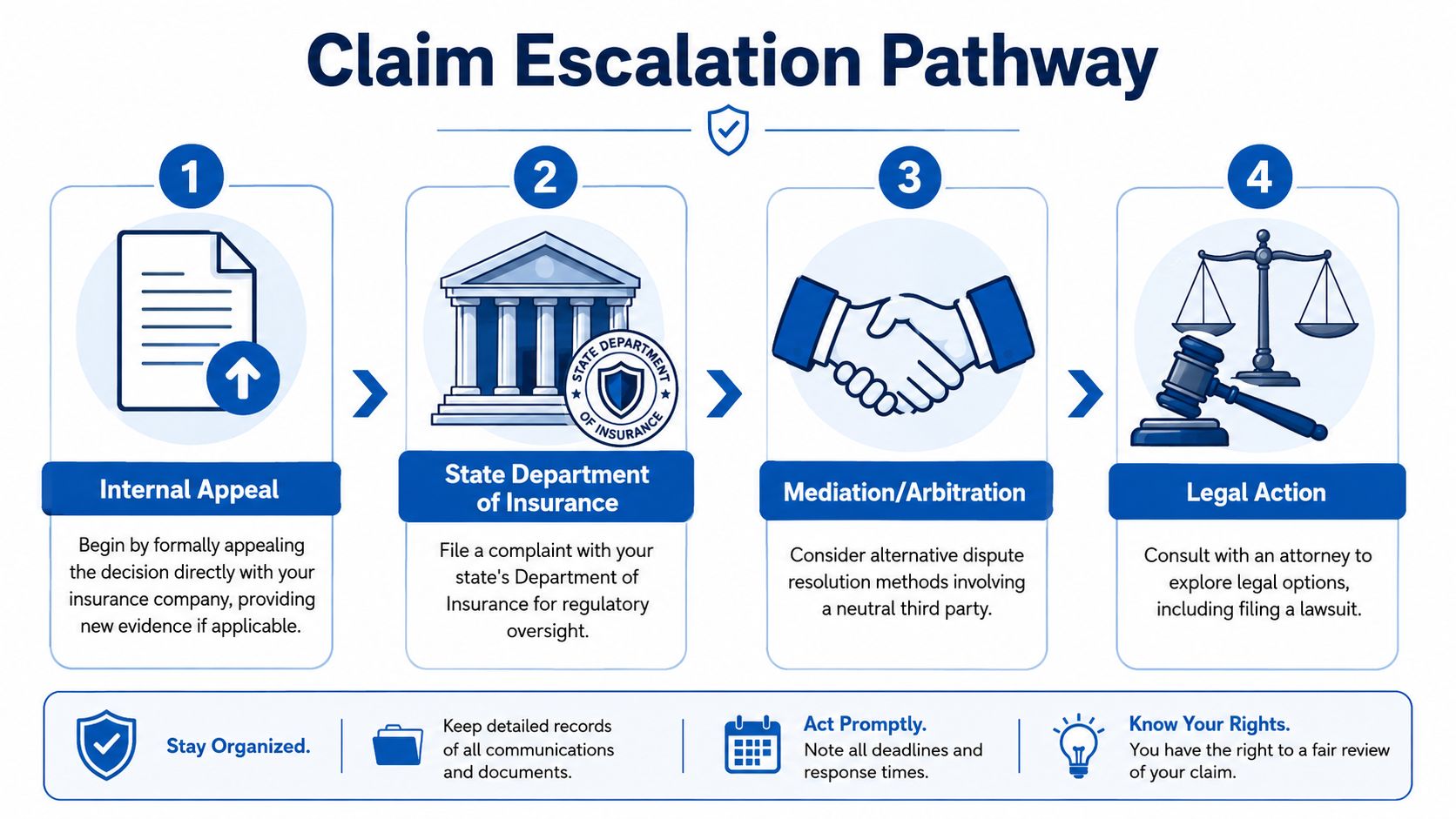 A four-step infographic illustrating the claim escalation pathway for resolving disputes with an insurance company.