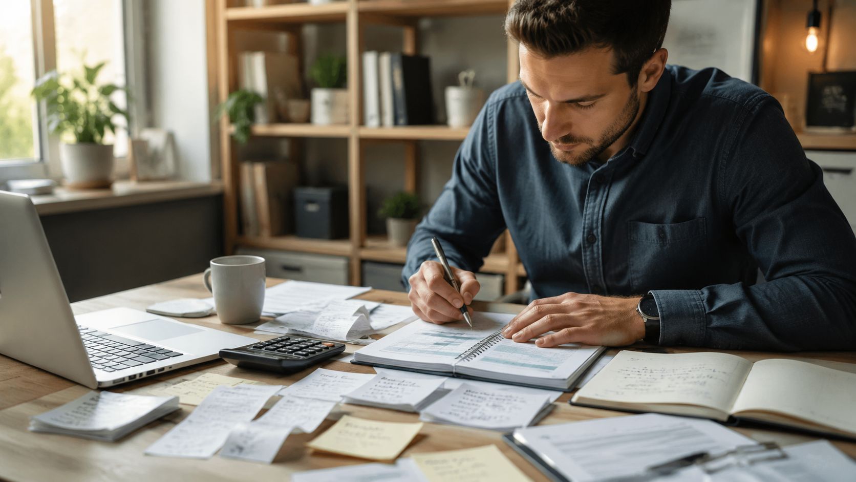 A focused man sitting at his desk working on financial documents and a notebook with a laptop.