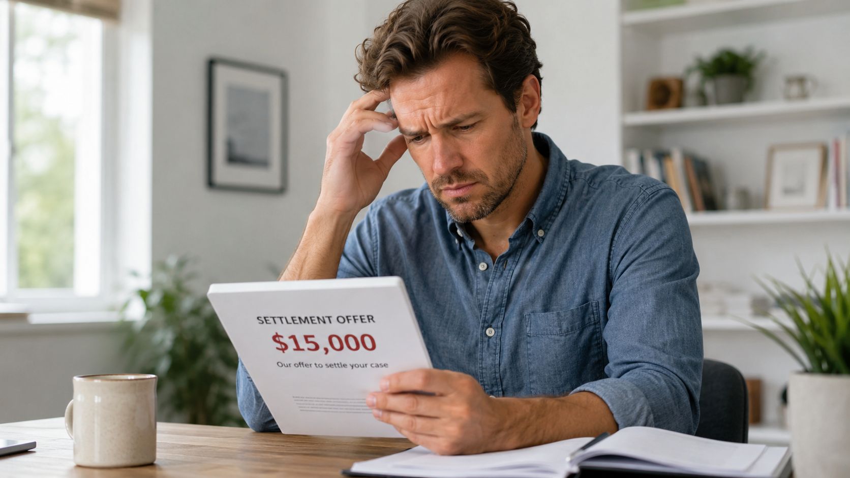 A concerned man sitting at a desk while reading a legal settlement offer of 15,000 dollars.