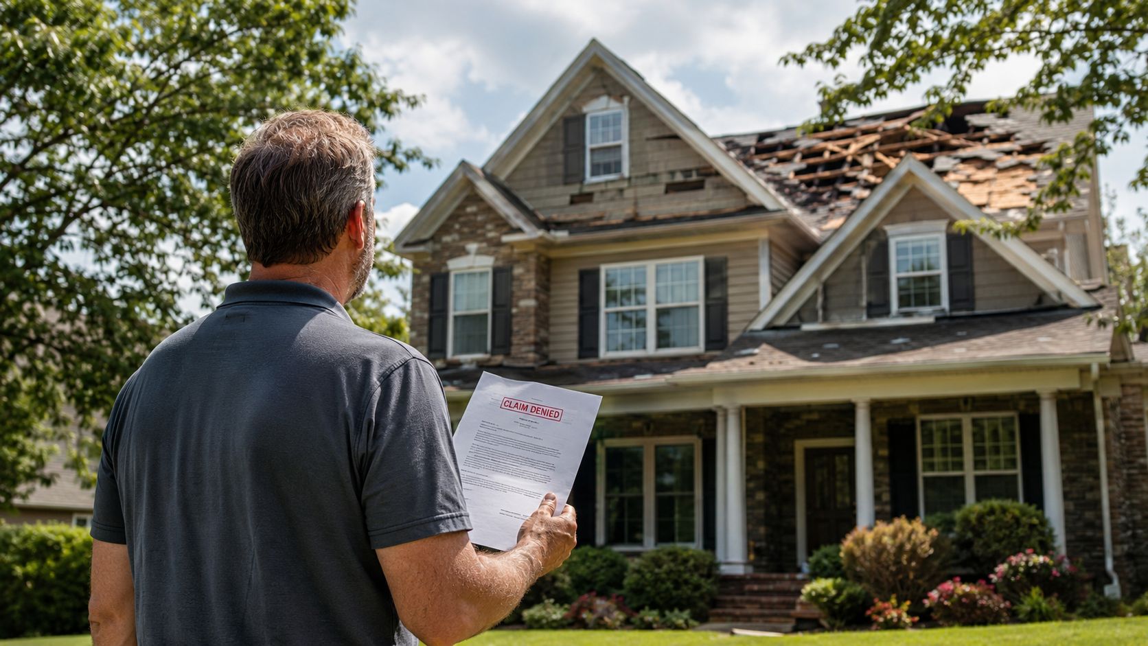 A man stands in front of a damaged house while holding a paper marked claim denied.
