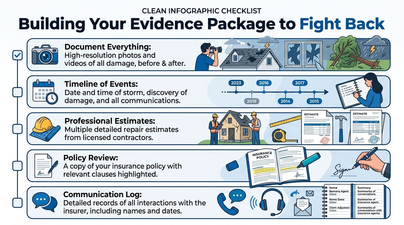 A checklist infographic illustrating the steps to build an insurance claim evidence package for storm damage.