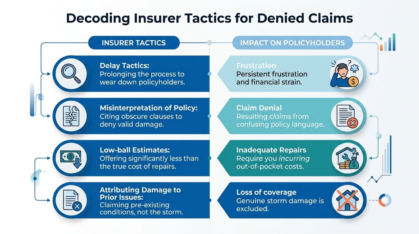 An infographic detailing insurer tactics for denied claims and the resulting negative impacts on policyholders.