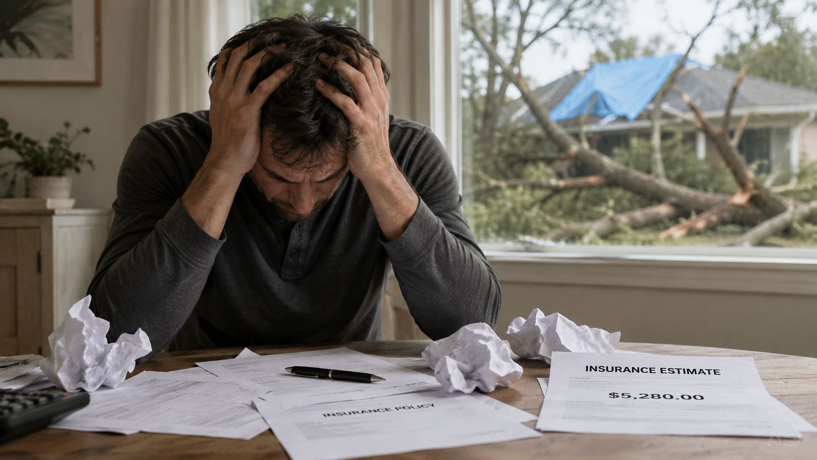 A distressed man sits at a table with insurance documents and crumpled papers after storm damage.
