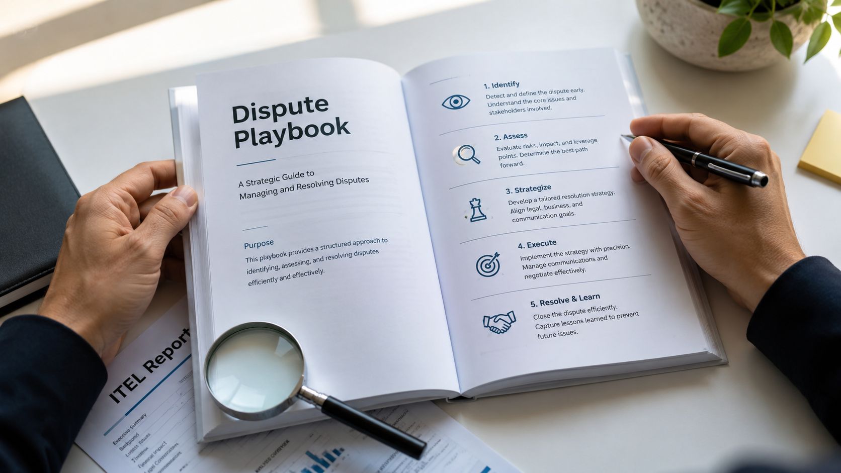 A person reviewing a professional Dispute Playbook document with a magnifying glass and pen on a desk.