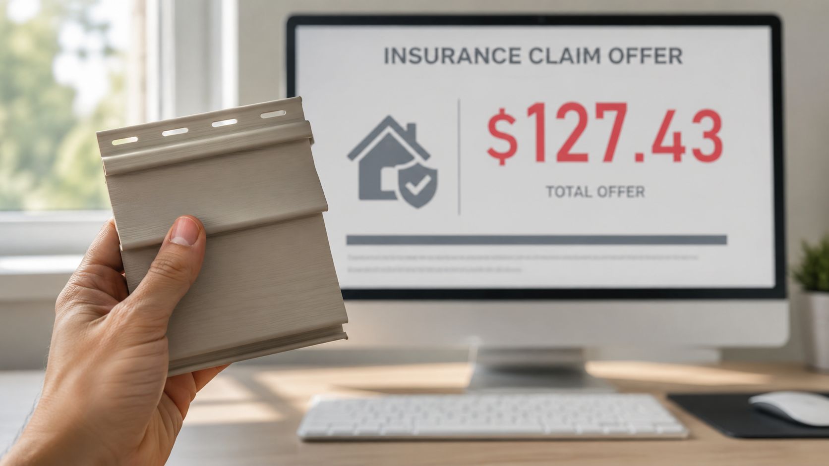 A hand holds a sample of vinyl siding in front of a computer screen showing an insurance claim offer.