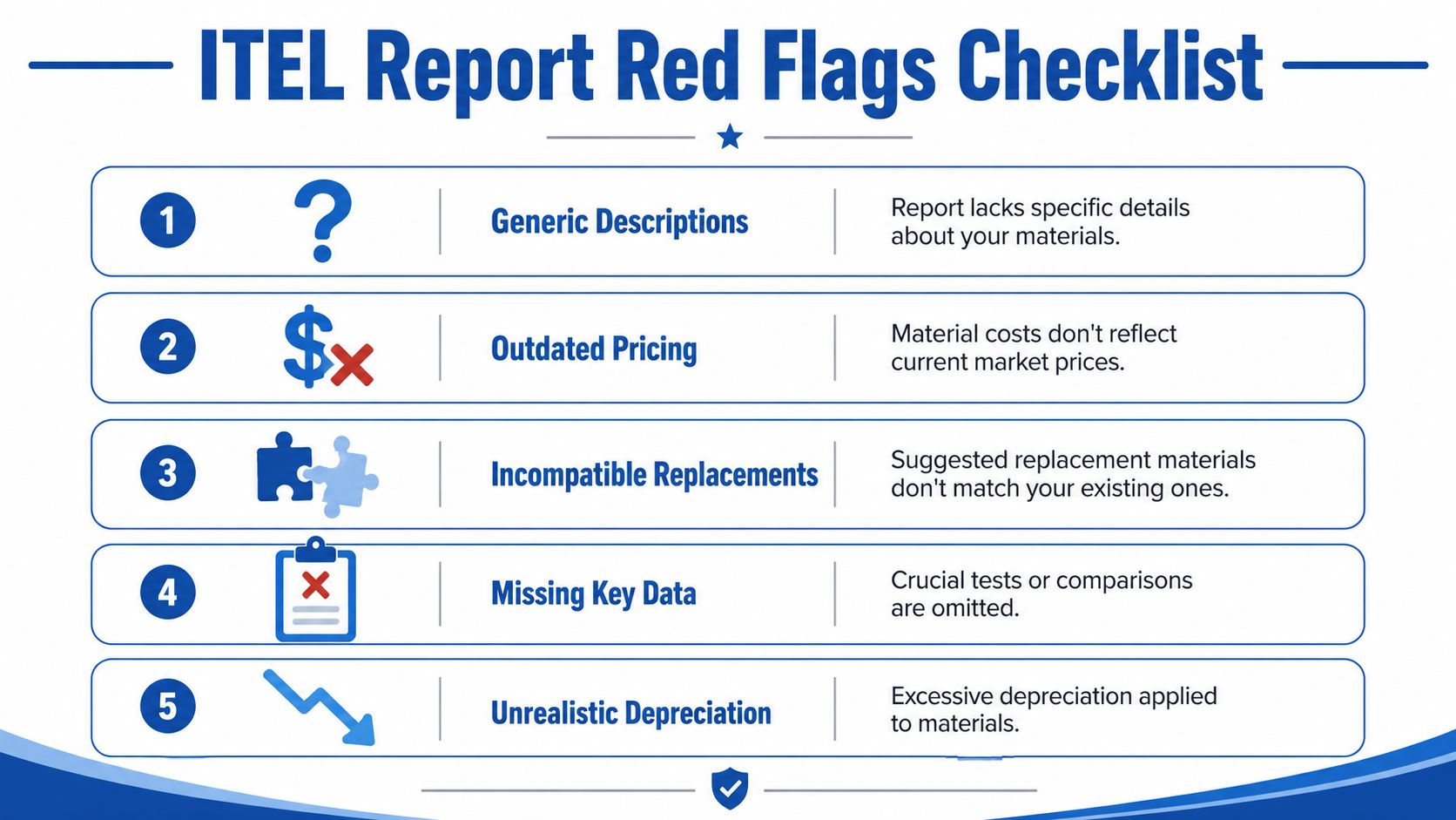 An infographic titled ITEL Report Red Flags Checklist identifying five common errors found in property insurance reports.