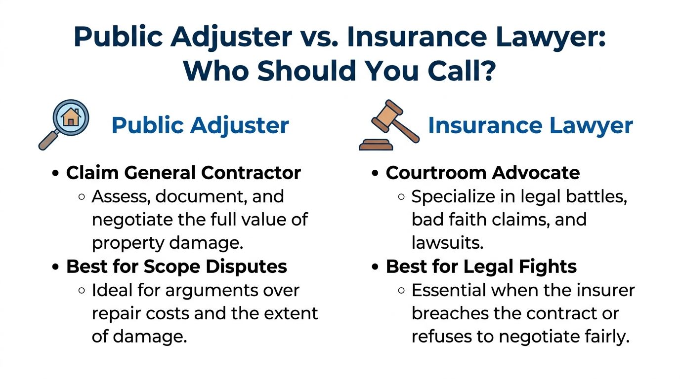 A comparison chart explaining when to choose between a public adjuster and an insurance lawyer for claims.