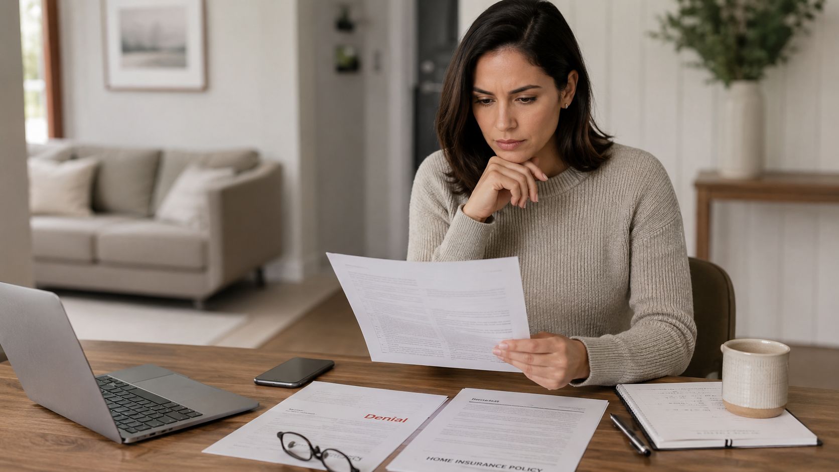 A focused woman sitting at a desk reviewing a home insurance claim denial letter and documents.