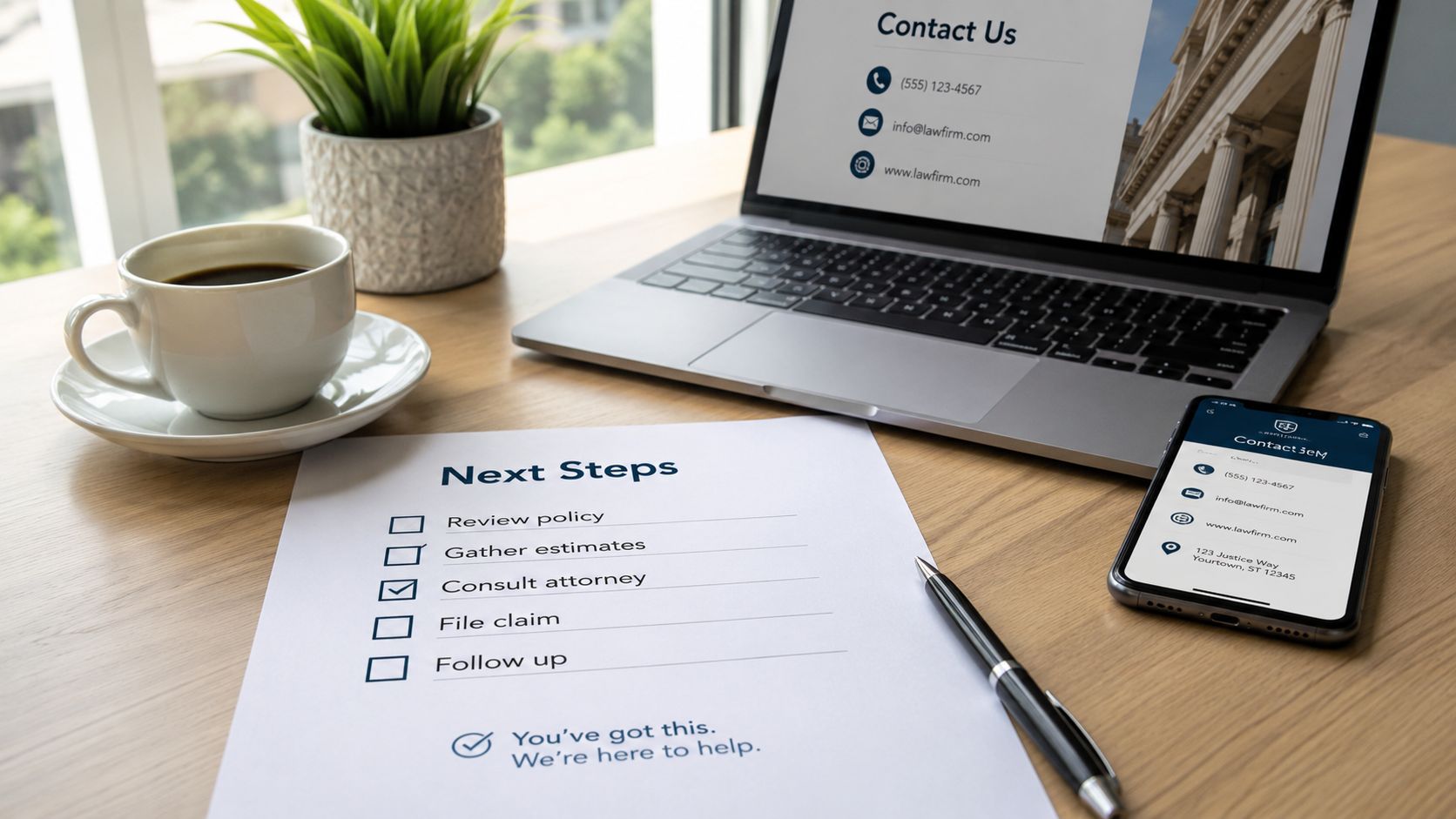 A home office setup showing a laptop, a smartphone, and a next steps checklist for insurance claims.