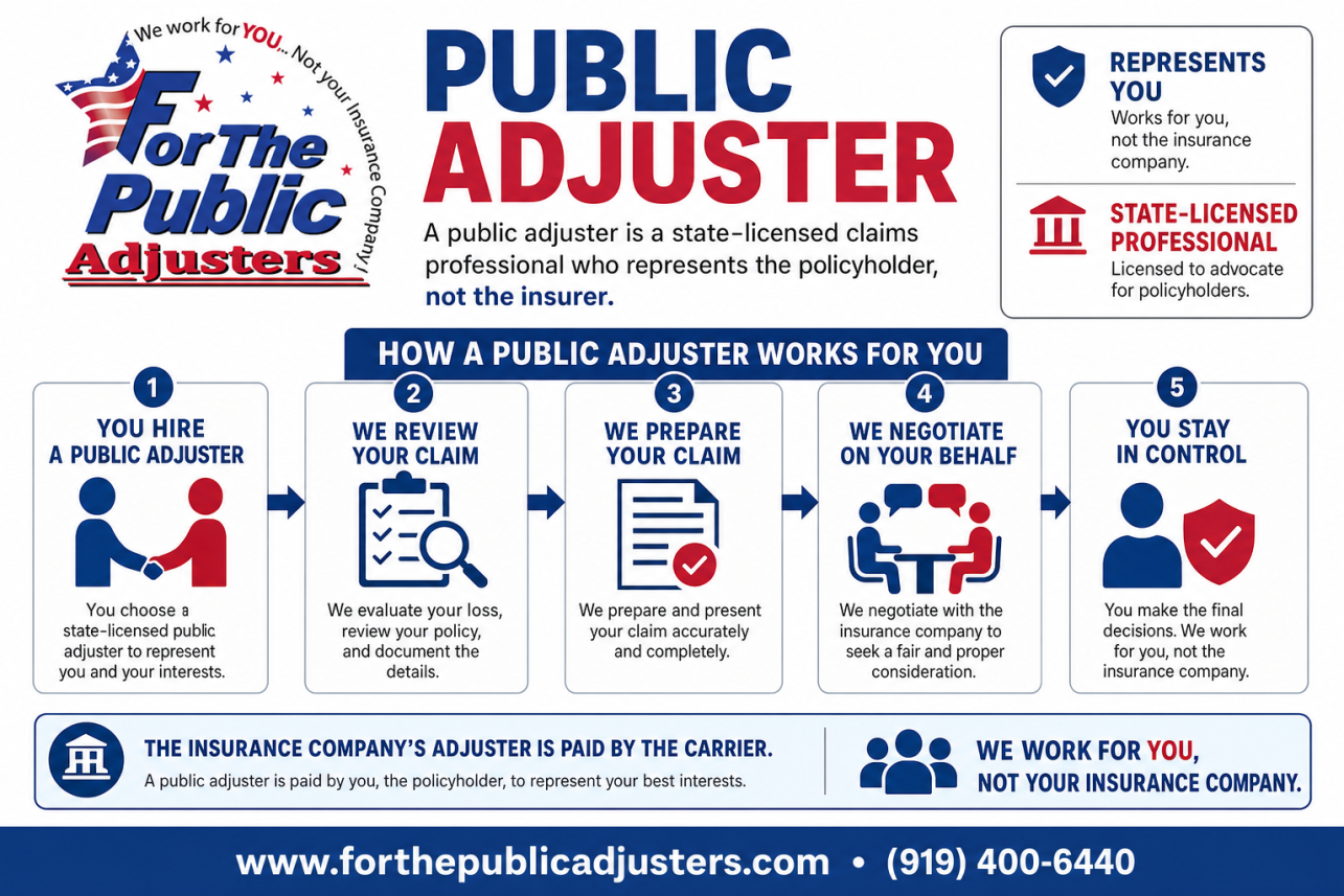 Public Adjuster Bear Creek, NC Infographic — A public adjuster is a state-licensed claims professional who represents the policyholder, not the insurer. The insurance company's adjuster is paid by the carr.