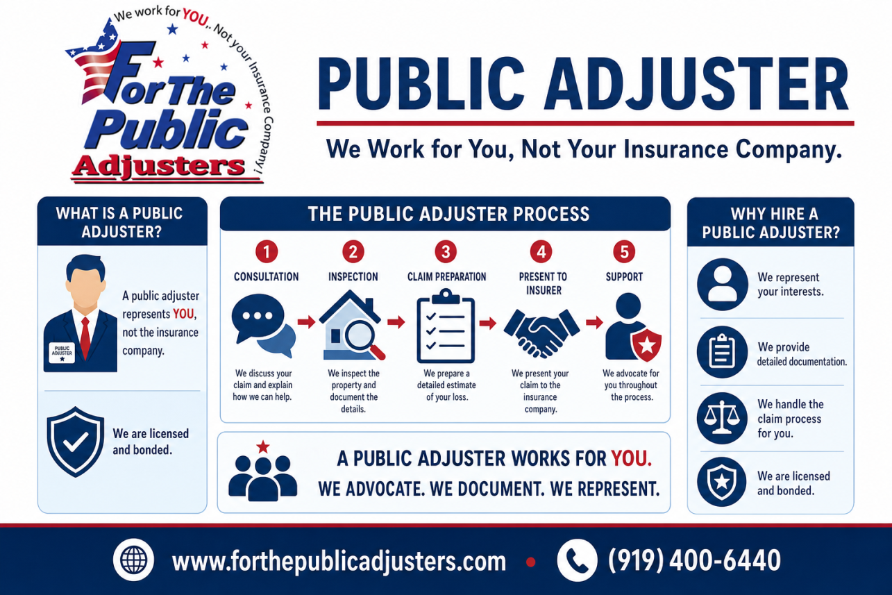 Public Adjuster Bennett, NC Infographic — Every insurance company sends its own adjuster to your loss. That person is paid by the insurer, and their estimate reflects the insurer's interests. A public a.