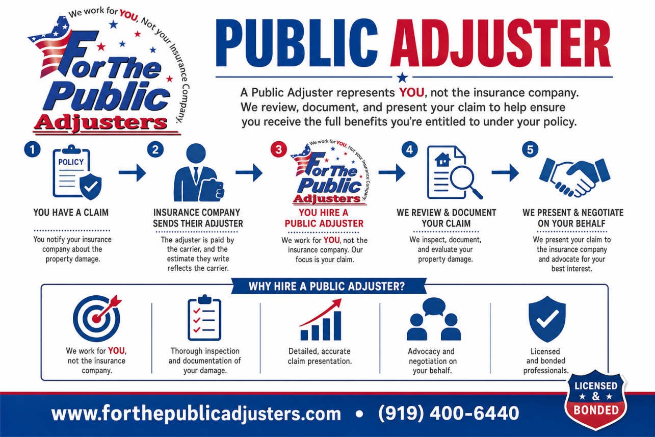 Public Adjuster Burlington, NC Infographic — When you file a property claim, the insurance company sends its own adjuster. That adjuster is paid by the carrier, and the estimate they write reflects the car.