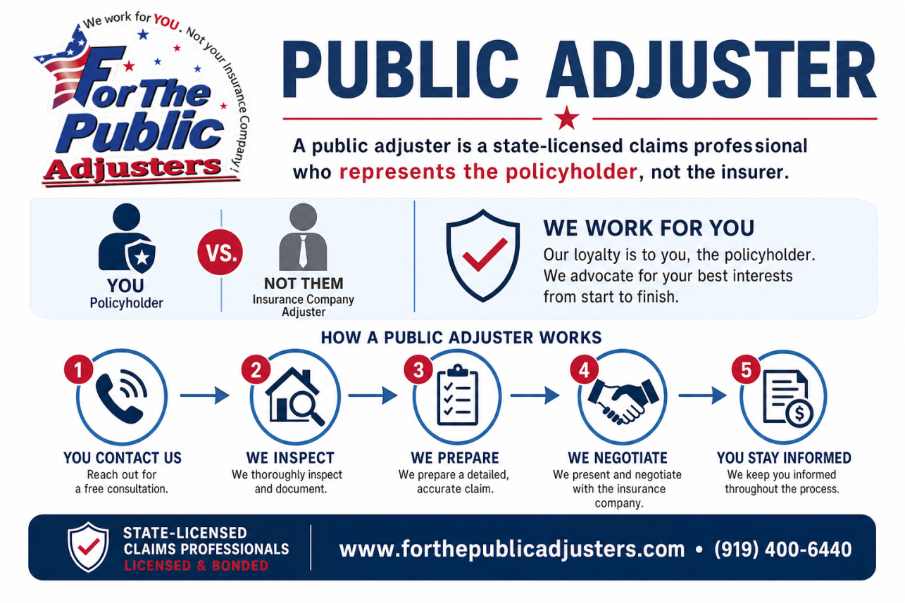 Public Adjuster Carrboro, NC Infographic — A public adjuster is a state-licensed claims professional who represents the policyholder, not the insurer. When your home or business in Carrboro suffers a cov.