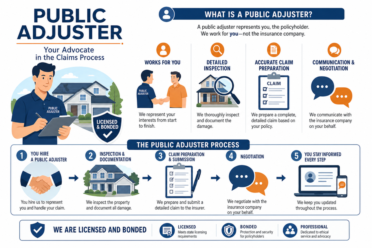Public Adjuster Cary, NC Infographic — When your home or building is damaged, the insurance company sends its own adjuster. That person is trained, experienced, and paid by the insurer. Most policyho.