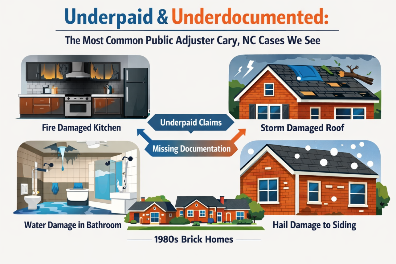 Public Adjuster Cary, NC Infographic — Underpaid and Underdocumented: The Most Common public adjuster Cary NC Cases We See. North Carolina's building stock in Cary spans everything from 1980s brick r.
