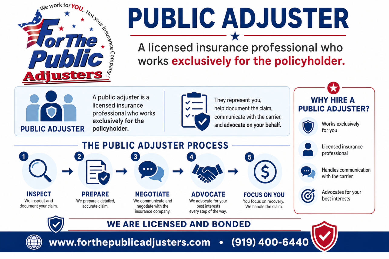 Public Adjuster Chapel Hill, NC Infographic — A public adjuster is a licensed insurance professional who works exclusively for the policyholder. The adjuster your insurance company sends works for the carri.