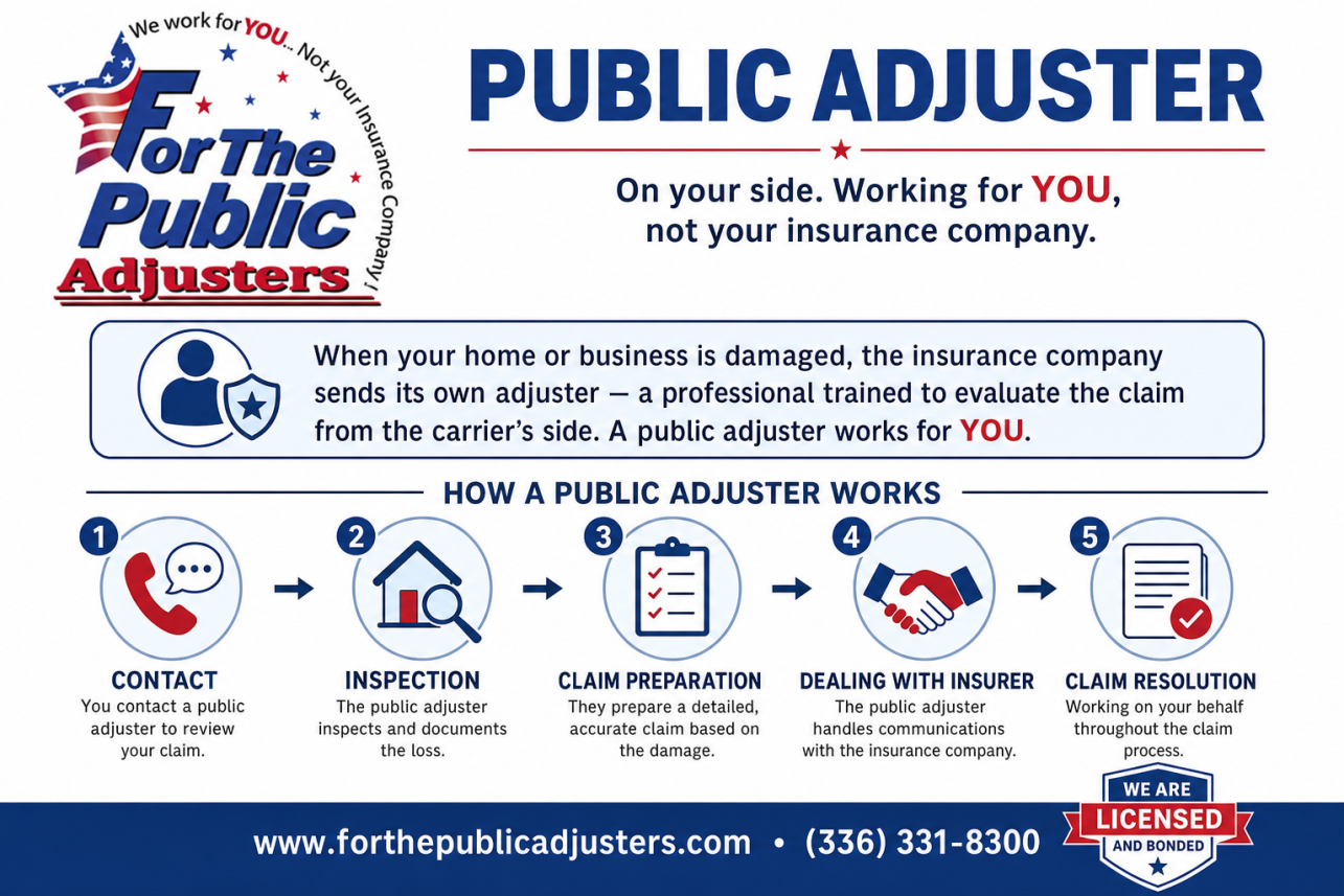 Public Adjuster Elon, NC Infographic — When your home or business is damaged, the insurance company sends its own adjuster — a professional trained to evaluate the claim from the carrier's side. A pu.