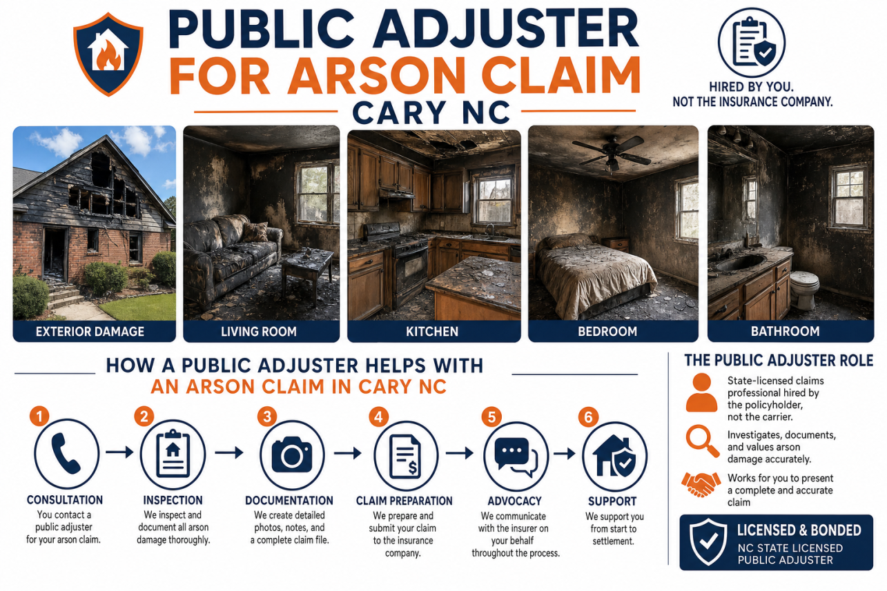 Public Adjuster For Arson Claim Cary NC Infographic — A public adjuster is a state-licensed claims professional hired by the policyholder, not the carrier. In an arson-accusation case, that role becomes critical, b.