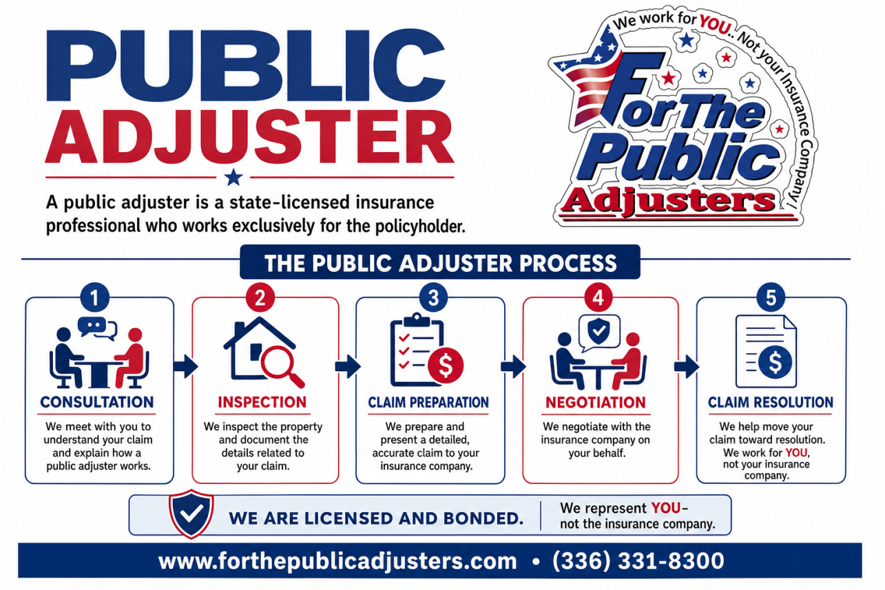 Public Adjuster Haw River, NC Infographic — A public adjuster is a state-licensed insurance professional who works exclusively for the policyholder. When your home or business is damaged, the insurance co.